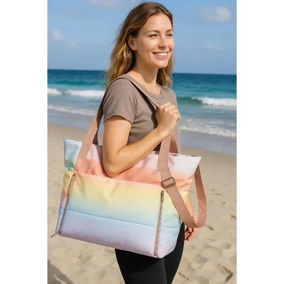 Rainbow Pastel Waterproof Beach Tote Bag for Women - Lightweight Quilted Shoulde - Picture 7 of 8